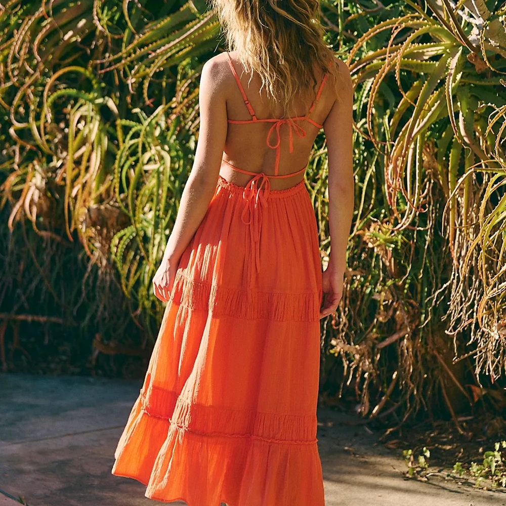 NWT Free People Taking Sides Maxi Dress in Red Mango XS - Picture 2 of 3